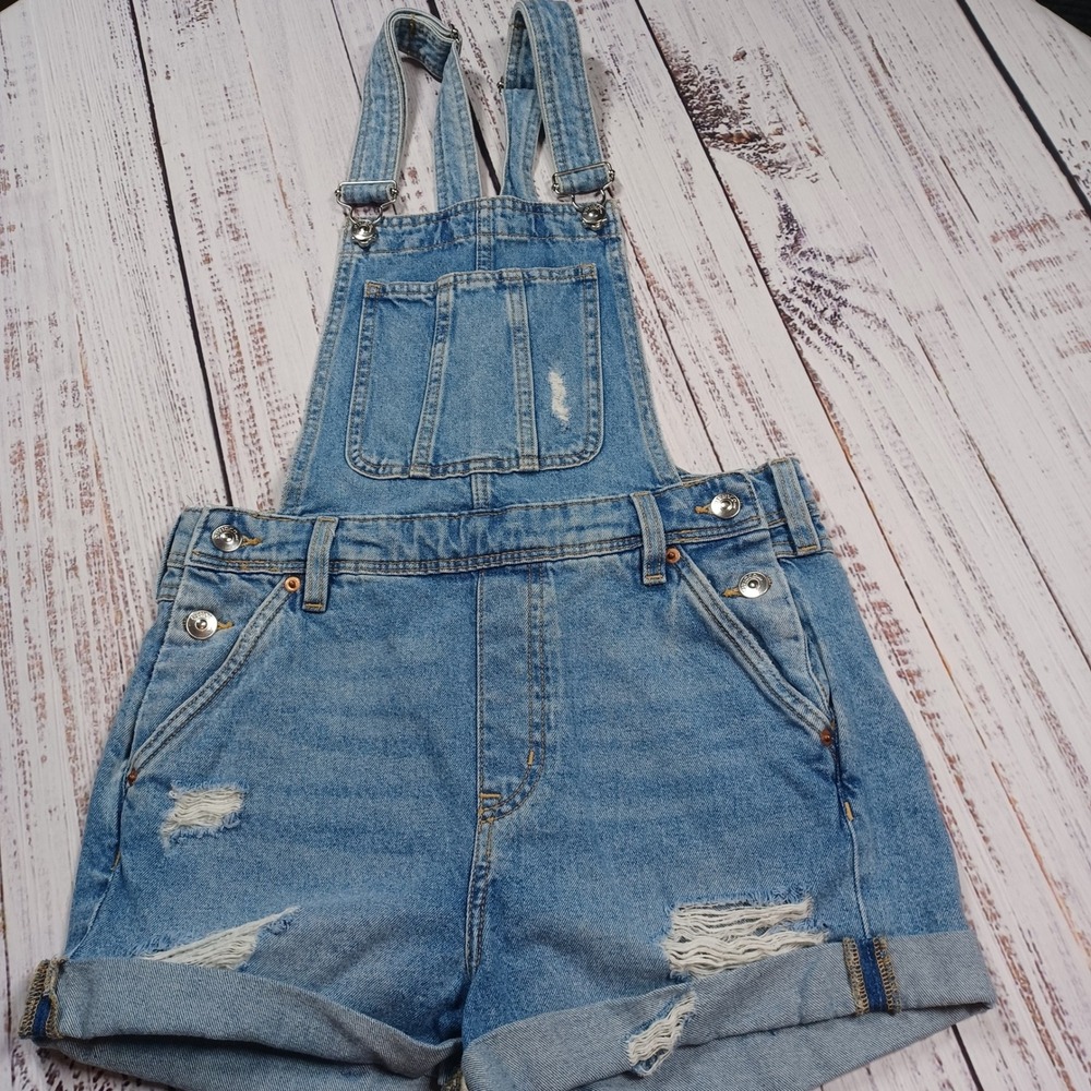 H&M Divided Denim Shortalls Womens 2 Blue Excellent Distressed Ripped Overalls